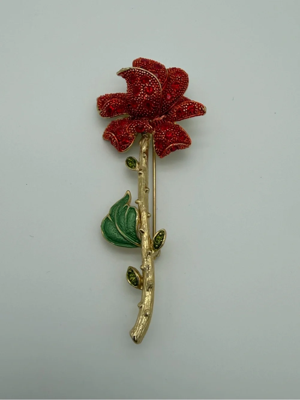 Red Rose Stem Brooch with Green Leaf